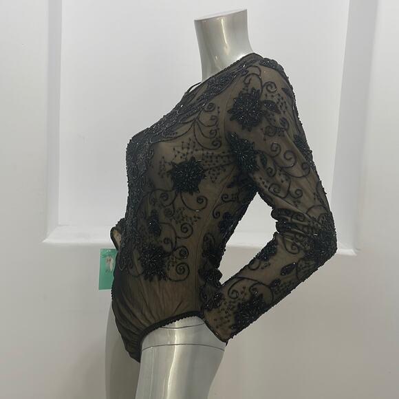 Bob Mackie Special Occasion Beaded Long Sleeve Bodysuit Black Size S - Picture 3 of 14
